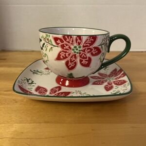 NEW Dutch Wax HAPPY HOLIDAYS Pointsettia 2 Piece Stoneware Soup & Sandwich Set